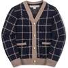 Organic Long Sleeve Boyfriend Cardigan Sweater, Navy and Taupe Windowpane - Cardigans - 1 - thumbnail