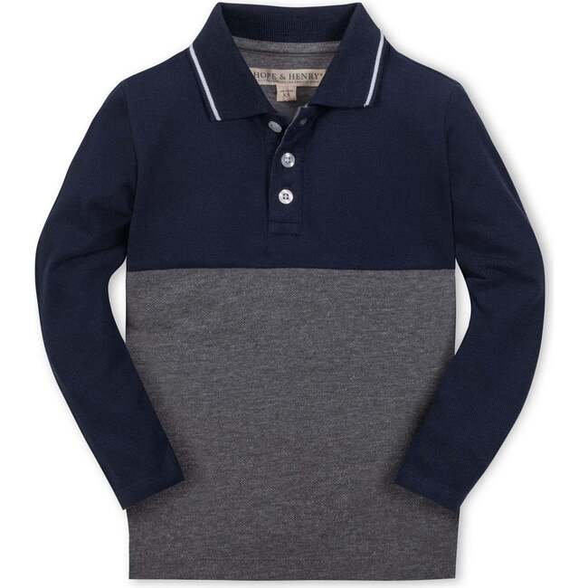 Organic Long Sleeve Colorblock Jersey Polo, Navy and Dark Gray Heather