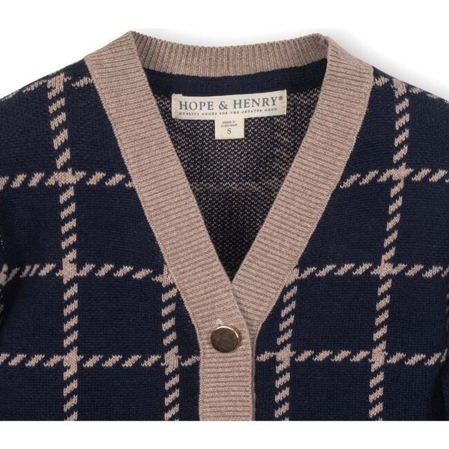 Organic Long Sleeve Boyfriend Cardigan Sweater, Navy and Taupe Windowpane - Cardigans - 2