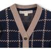 Organic Long Sleeve Boyfriend Cardigan Sweater, Navy and Taupe Windowpane - Cardigans - 2
