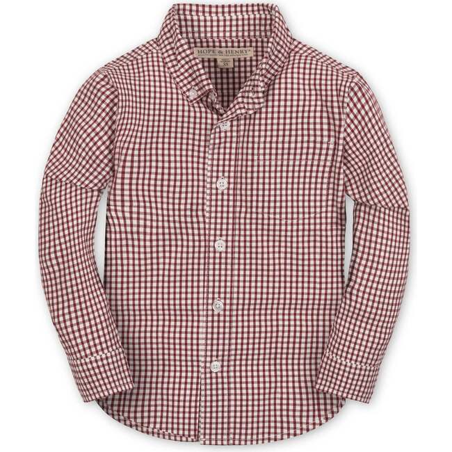 Organic Stretch Poplin Long Sleeve Button Down Shirt, Dark Red Check