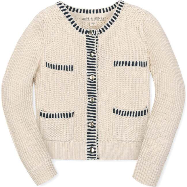 Organic Puff Sleeve Textured Cardigan Sweater, Ivory Tweed