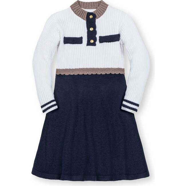 Organic Mock Neck Henley Sweater Dress, Soft White and Navy Colorblock