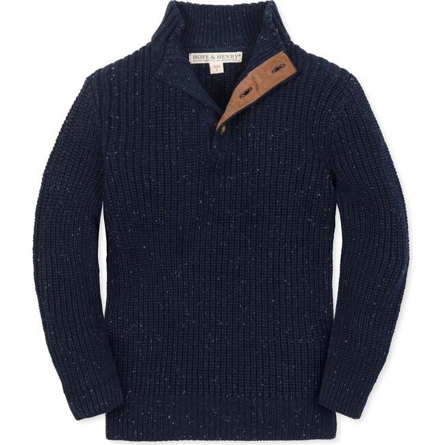 Organic Mock Neck Cardigan Stitch Sweater, Navy Fleck
