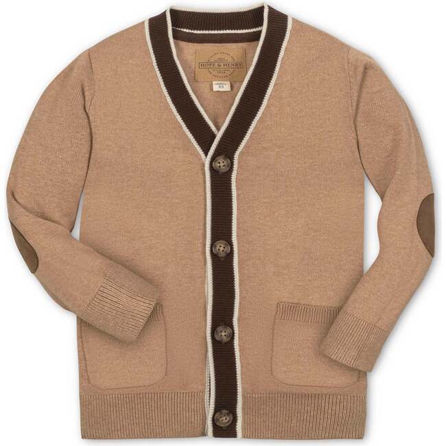 Organic Long Sleeve Tipped Cardigan Sweater, Camel Heather