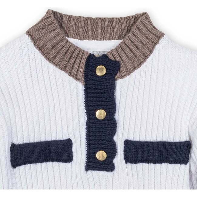 Organic Mock Neck Henley Sweater Dress, Soft White and Navy Colorblock - Dresses - 2