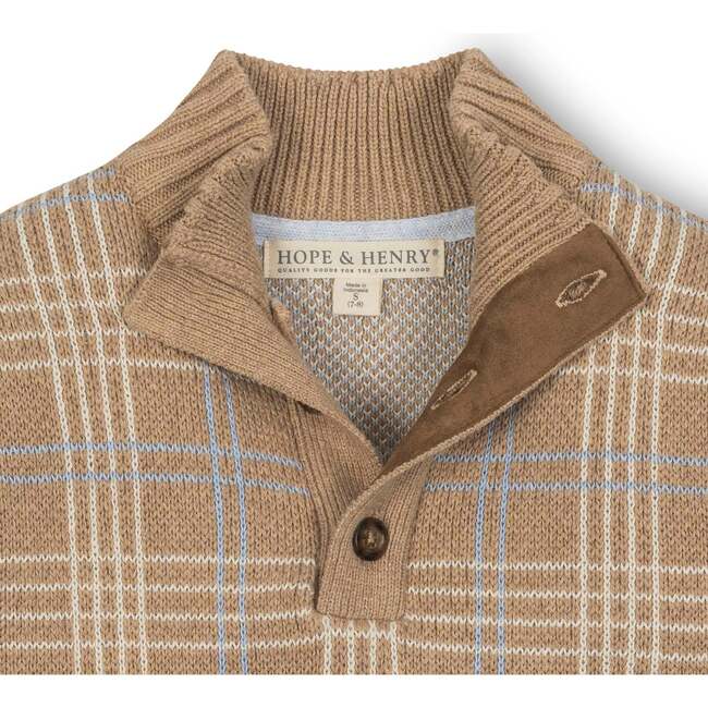 Organic Mock Neck Intarsia Sweater, Camel Heather Plaid Intarsia - Sweaters - 2