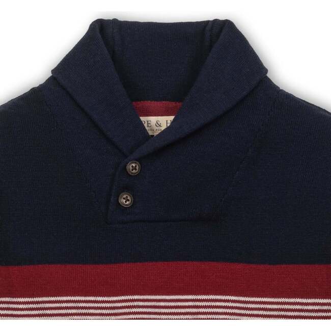 Organic Long Sleeve Striped Shawl Collar Sweater, Navy and Light Gray Chest Stripe - Sweaters - 2