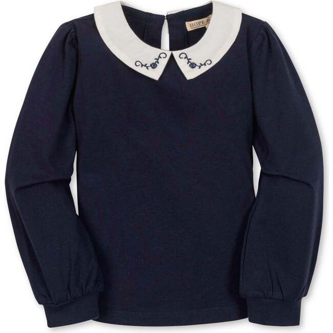 Organic Long Sleeve Knit Top with Woven Collar, Navy with Embroidery