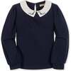 Organic Long Sleeve Knit Top with Woven Collar, Navy with Embroidery - Blouses - 1 - thumbnail