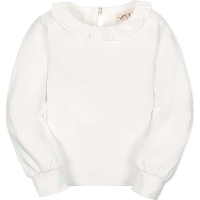 Organic Long Sleeve Ruffle Collar Knit Top, Soft White Ruffle Collar