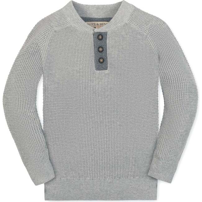 Organic Long Sleeve Henley Pullover Sweater with Elbow Patches, Gray Heather