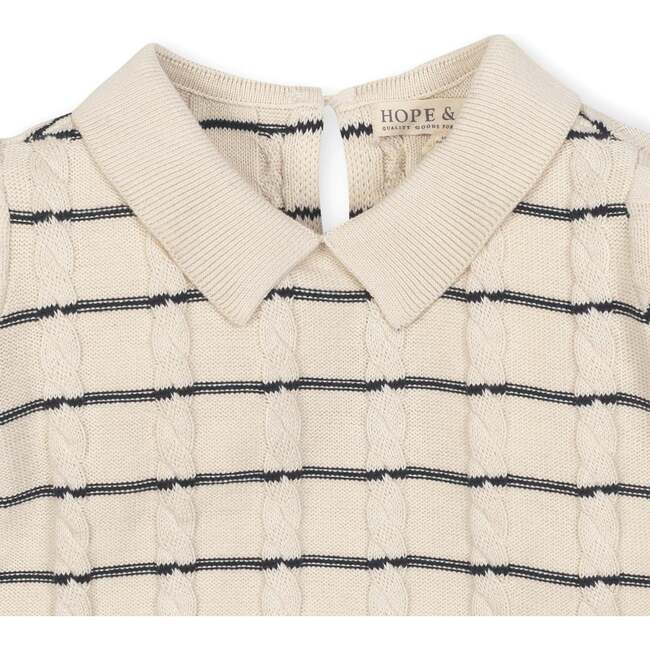 Organic Long Sleeve Peter Pan Collar Sweater Dress, Ivory Cable Breton Stripe - Dresses - 2