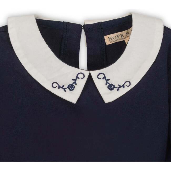 Organic Long Sleeve Knit Top with Woven Collar, Navy with Embroidery - Blouses - 2