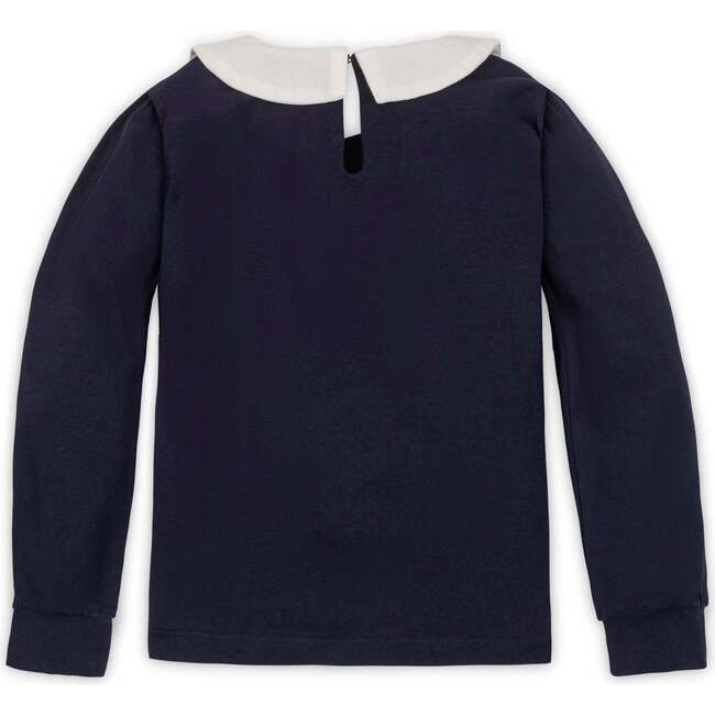 Organic Long Sleeve Knit Top with Woven Collar, Navy with Embroidery - Blouses - 3
