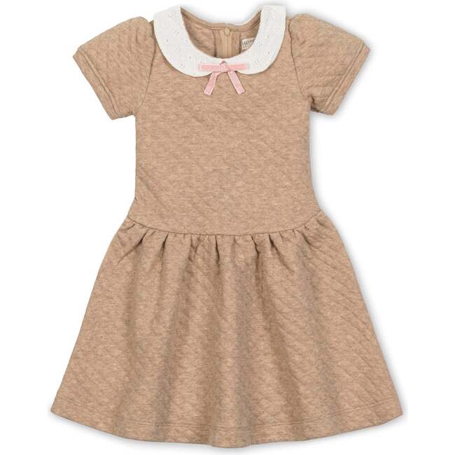 Short Sleeve Quilted Dress with Eyelet Collar, Camel Heather Quilted