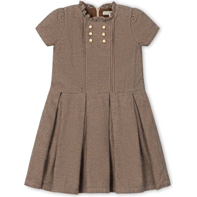Organic Ruffle Collar Pintuck Drop Waist Dress, Camel Houndstooth