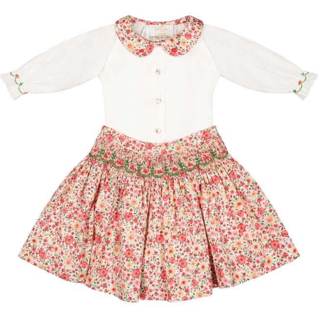 Marie Red Floral Smocked Skirt And Blouse Set