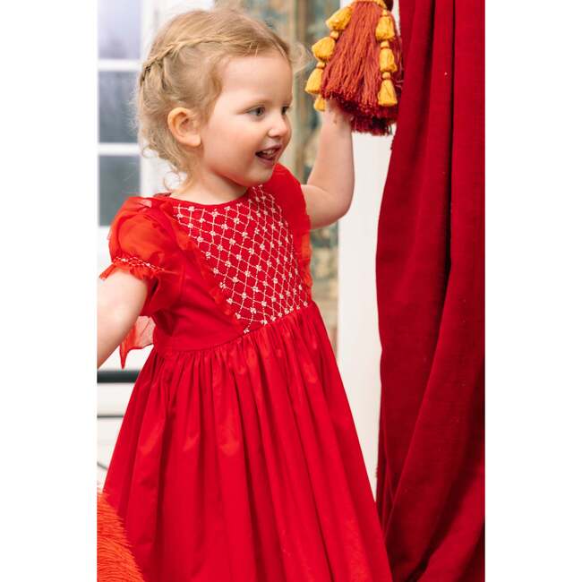 Camelia Red Cotton Smocked Dress - Dresses - 2