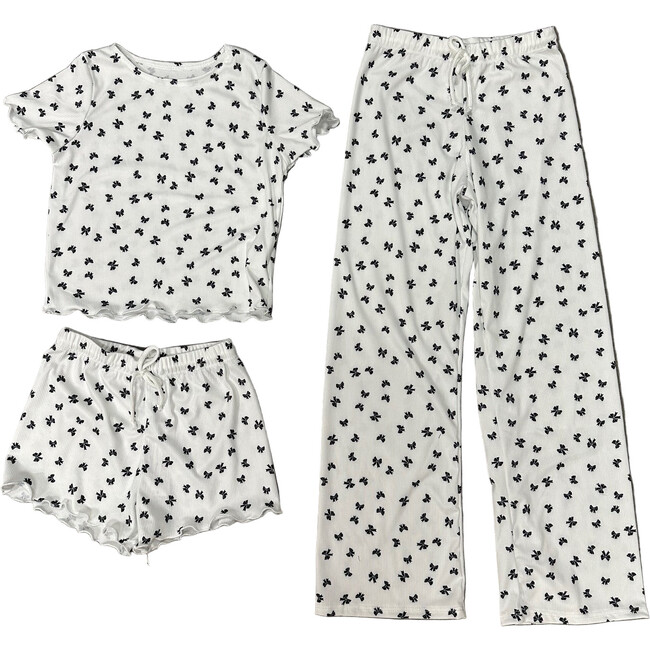 Girls 3 Piece Printed Loungewear Set,White Bows