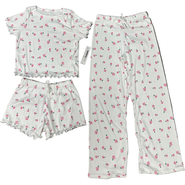 Girls 3 Piece Printed Loungewear Set,White Flowers