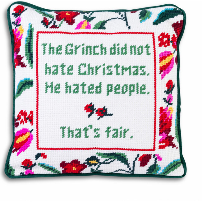 The Grinch Needlepoint Pillow, White, Green, Red