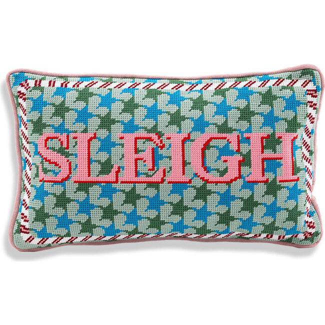 Sleigh Needlepoint Pillow, Blue, Pink