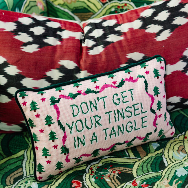 Tinsel in a Tangle Needlepoint Pillow, Pink, Green - Decorative Pillows - 2