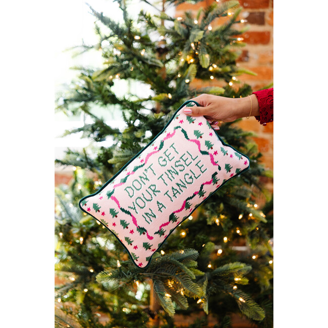 Tinsel in a Tangle Needlepoint Pillow, Pink, Green - Decorative Pillows - 3