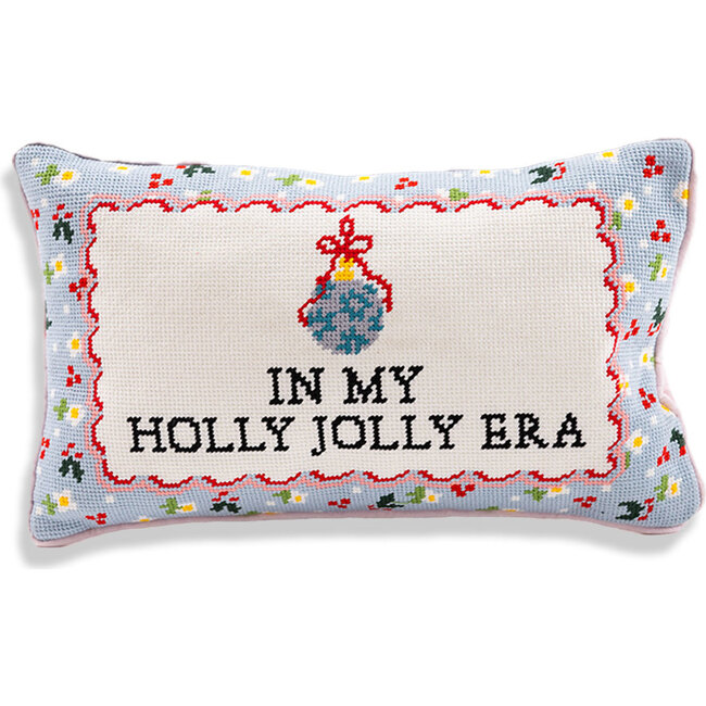 Holly Jolly Era Needlepoint Pillow, White, Blue