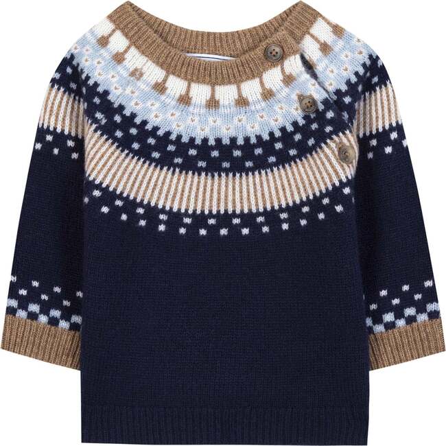 Wool Round Neck Sweatshirt, Marine, Brown And Light Blue