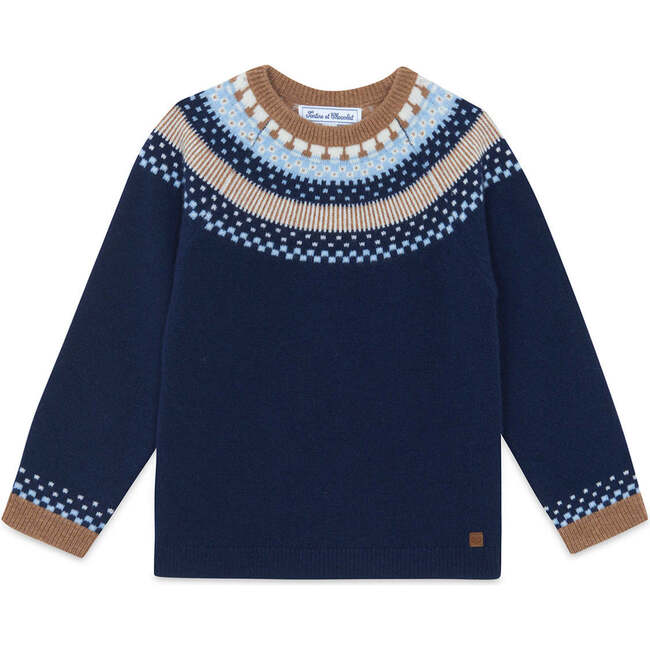 Wool Round Neck Sweatshirt, Marine And Brown Blue