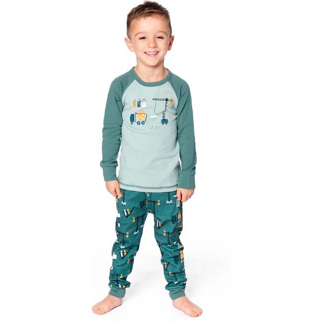 Two-Piece Organic Cotton Pajama Set, Teal Construction Print - Pajamas - 2