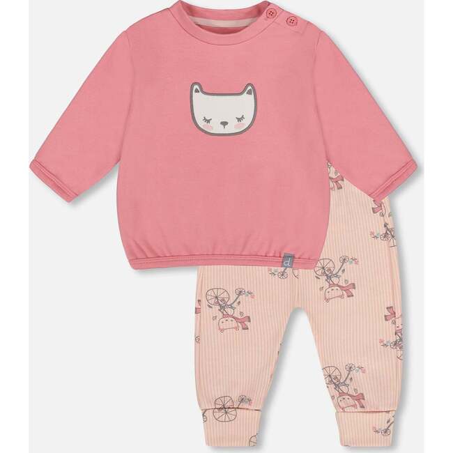 Organic Cotton Pant with Top Set, Pink Cat Print