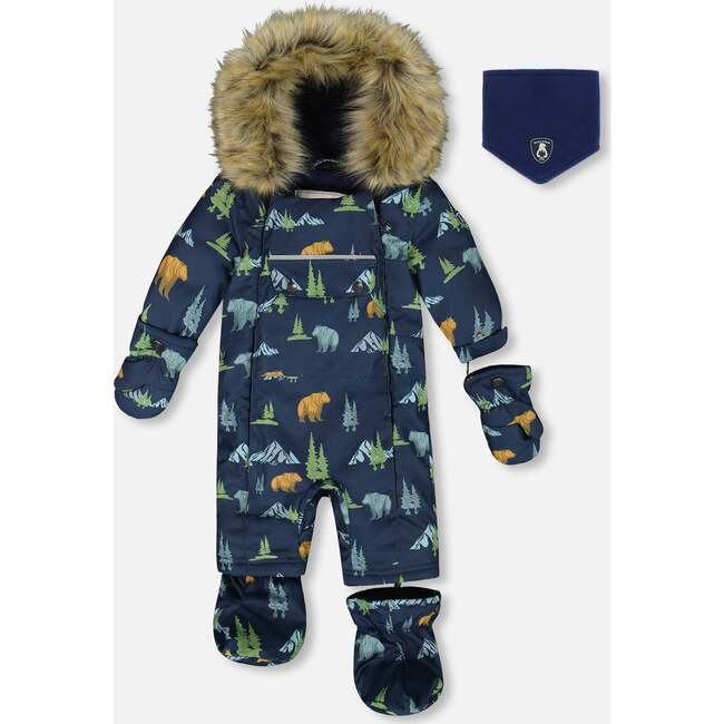 One-Piece Baby Play Snowsuit Designed for Car Seat, Navy Animal Print