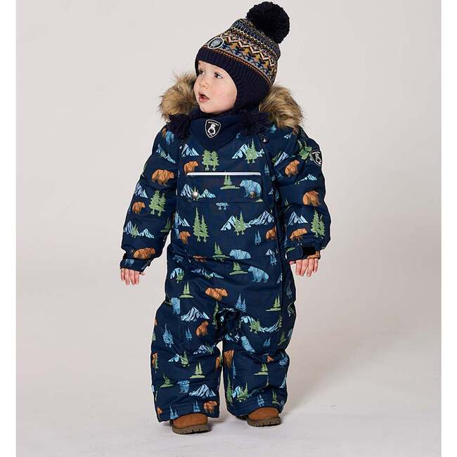 One-Piece Baby Play Snowsuit Designed for Car Seat, Navy Animal Print - Snowsuits - 2