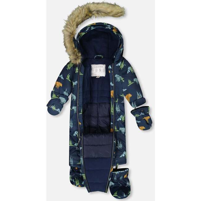 One-Piece Baby Play Snowsuit Designed for Car Seat, Navy Animal Print - Snowsuits - 3