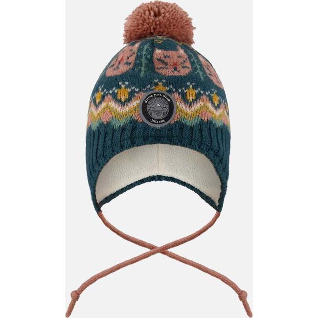 Lined Peruvian Knit Pompom Hat, Green and Pink