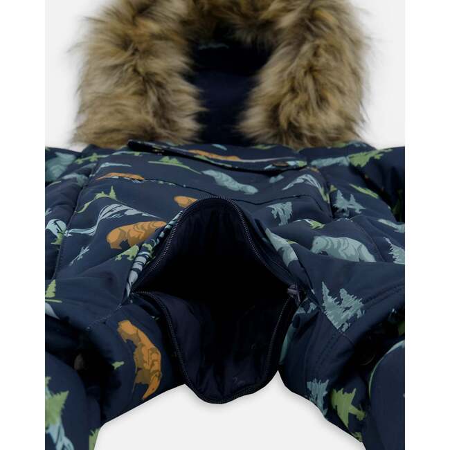 One-Piece Baby Play Snowsuit Designed for Car Seat, Navy Animal Print - Snowsuits - 6