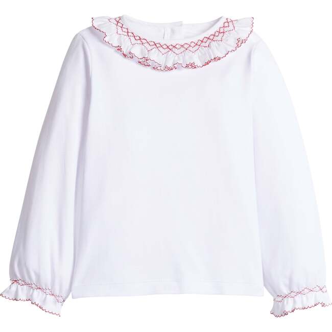 Smocked Madeline Blouse, White with Red