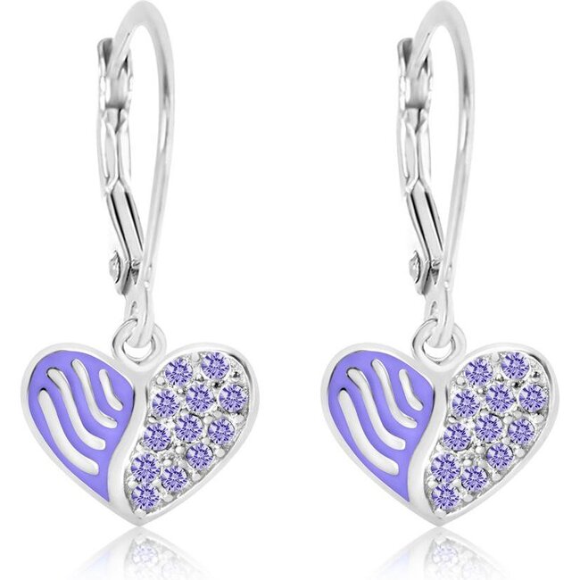 Heart Multi-colored Crystal White Gold Palladium Plating Girl's Leverback Earrings Purple