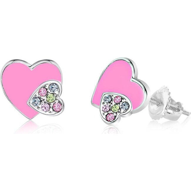 Hearts Multi-colored Crystal Enamel White Gold Palladium Plating Girl's  Screwback stud Earrings Pink