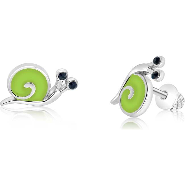 Green Snail Enamel White Gold Palladium Plating Girl's Stud Earring