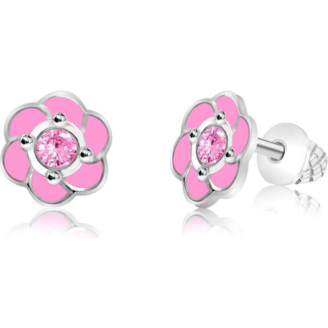 Flower Pink Crystal Palladium Plating Screwback Stud Girls Earring