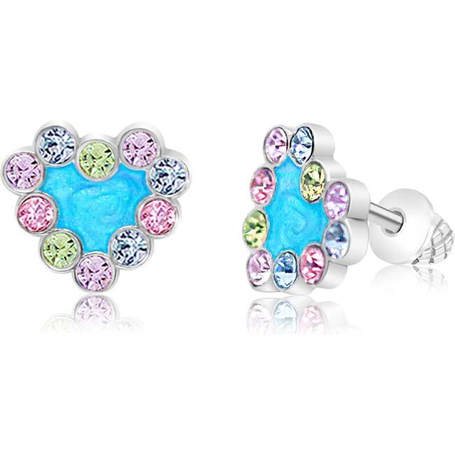Blue Heart Multi Colored Crystal Palladium Plating Screwback Stud Girls Earring