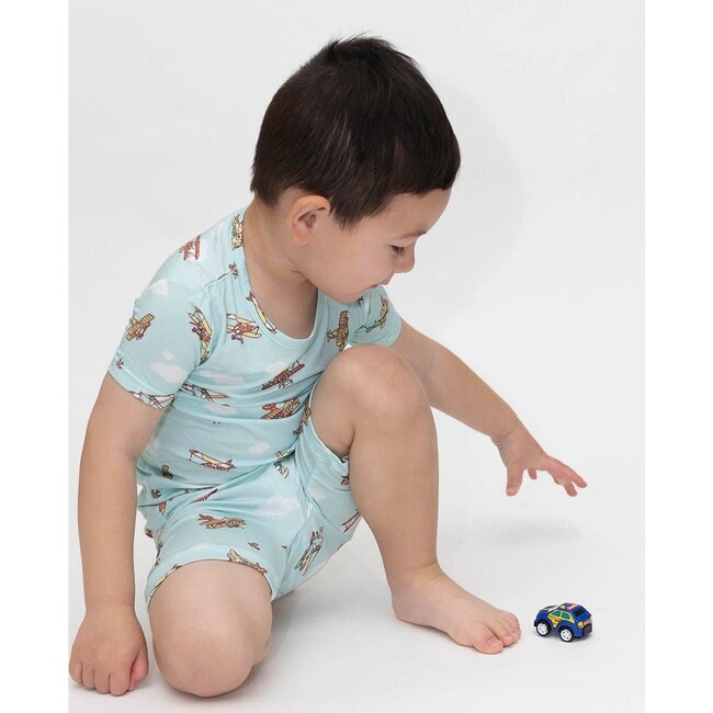 Vintage Airplanes Bamboo Kids Pajama Short Set, Blue - Pajamas - 2