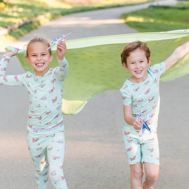 Vintage Airplanes Bamboo Kids Pajama Short Set, Blue - Pajamas - 3