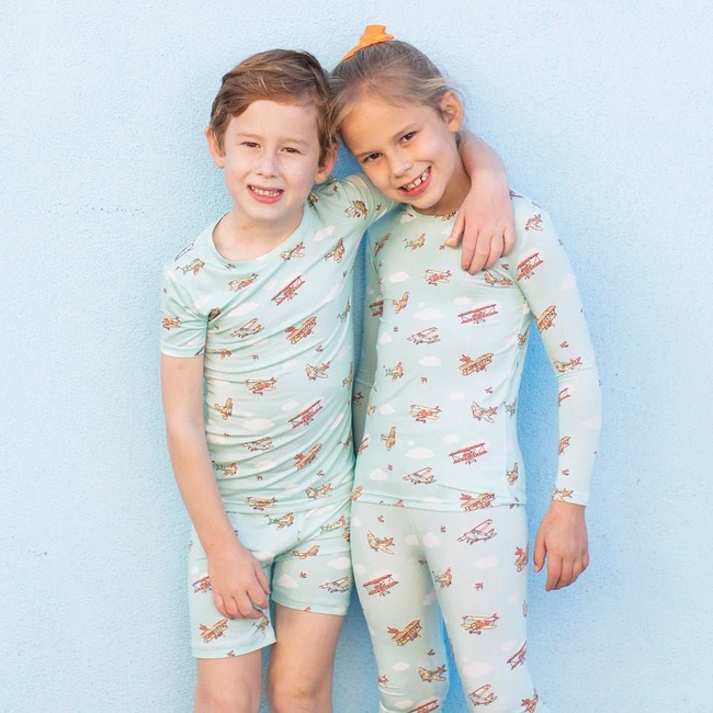 Vintage Airplanes Bamboo Kids Pajama Short Set, Blue - Pajamas - 4