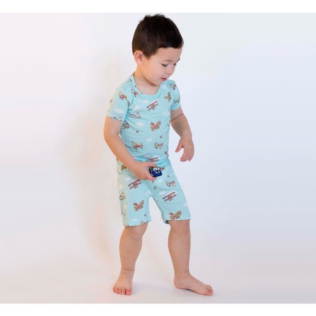 Vintage Airplanes Bamboo Kids Pajama Short Set, Blue - Pajamas - 5