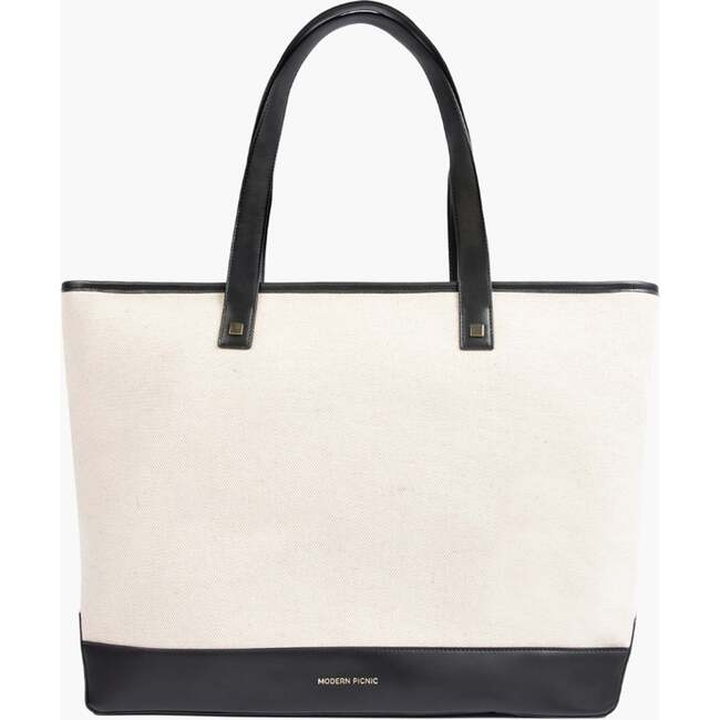 Vegan Leather Work Tote Bag with Removable Insulated Pouch, Black Canvas